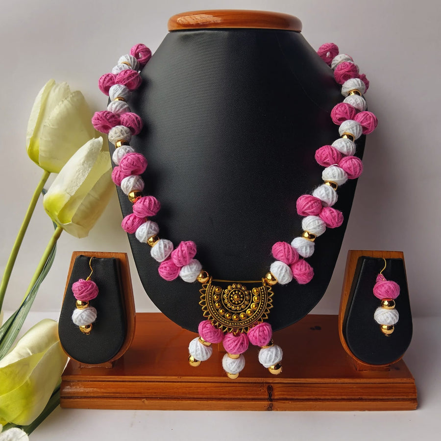Pink White Cotton Beads Necklace