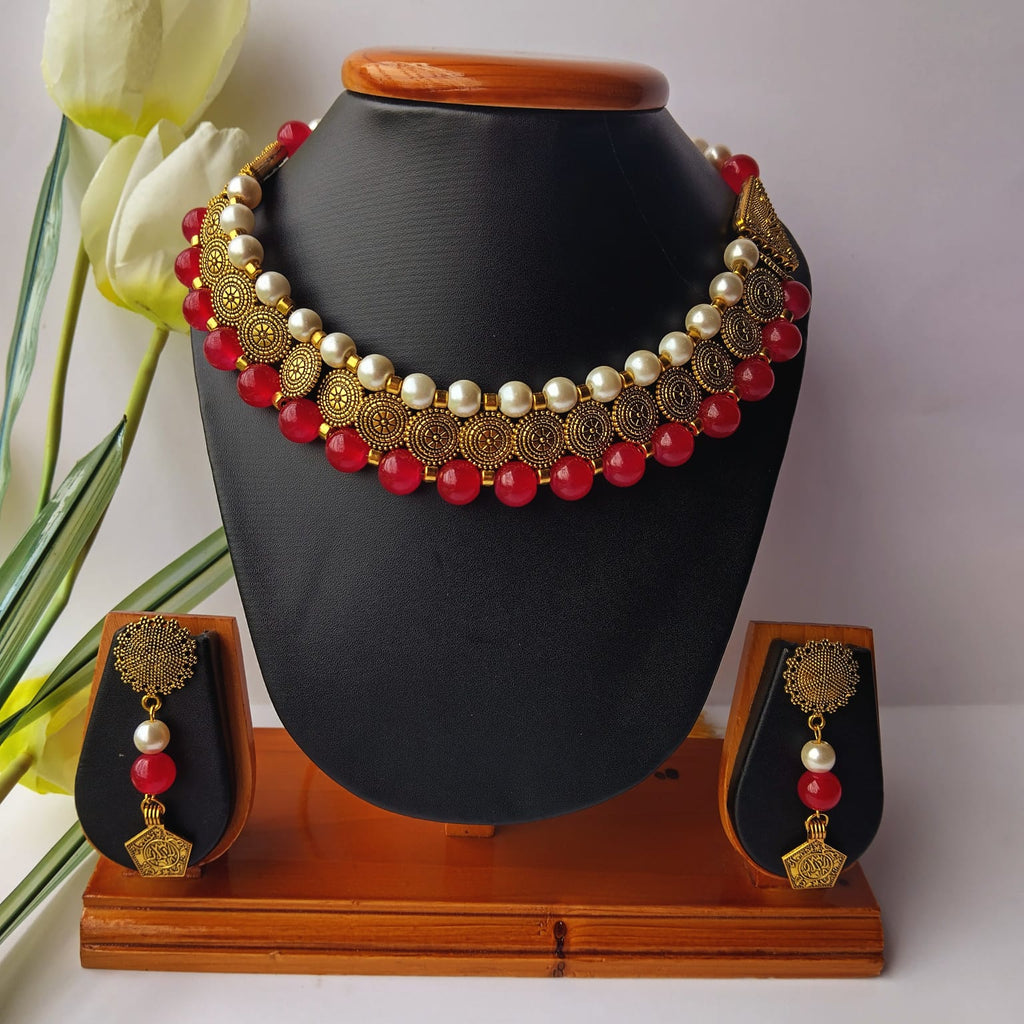 Red Glass Beads and Pearl Choker