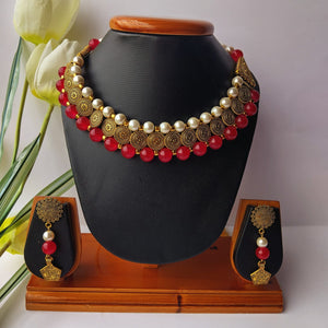 Red Glass Beads and Pearl Choker