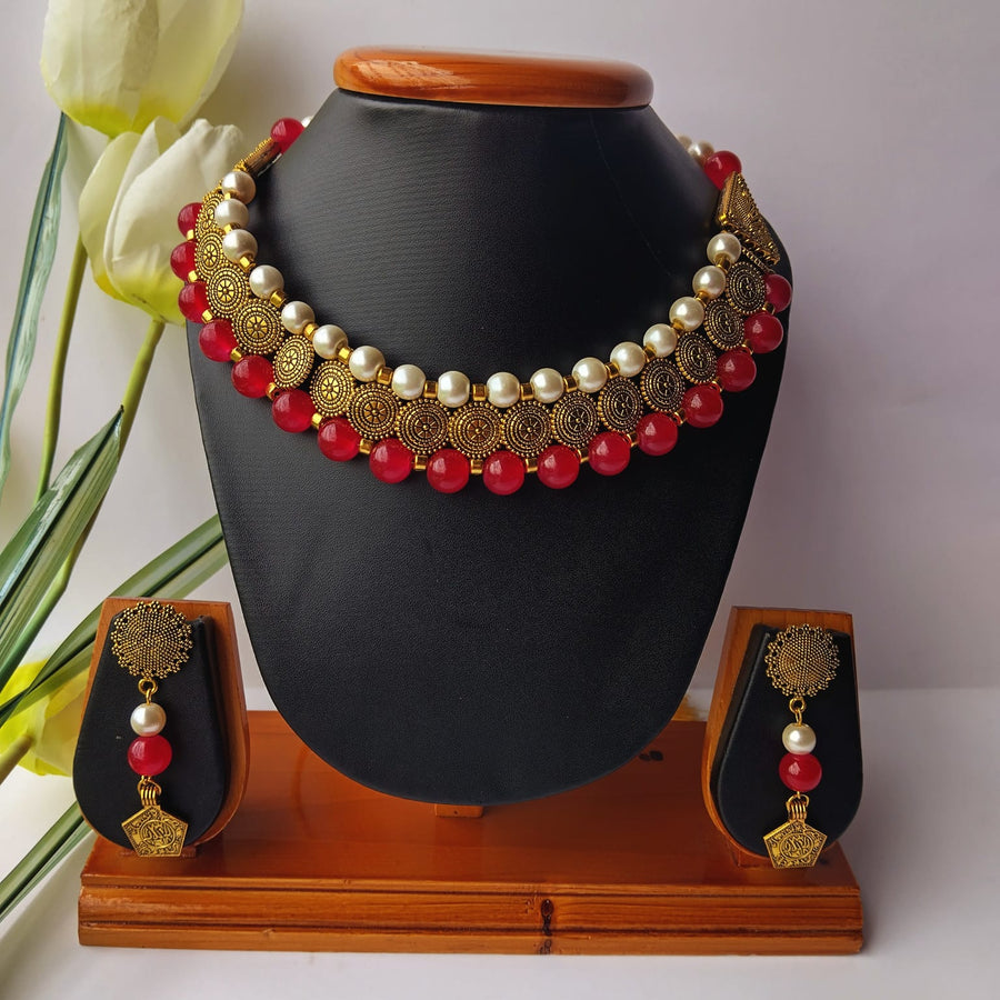 Red Glass Beads and Pearl Choker