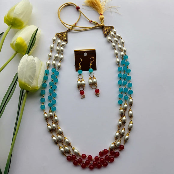 Blue Red 3 Layer Glass Beads Necklace