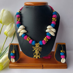 Pink Blue Cotton Beads Cowrie Shells Necklace