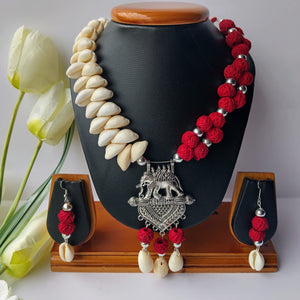 Red Cotton Beads Cowrie Shells Necklace