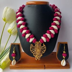 Maroon Cotton Beads Cowrie Shells Necklace