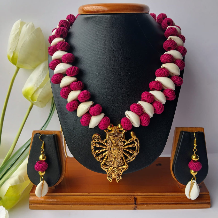 Maroon Cotton Beads Cowrie Shells Necklace