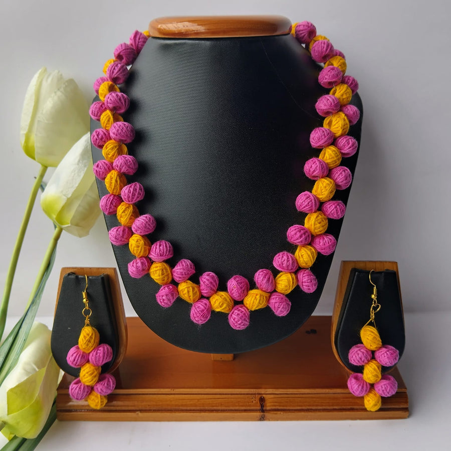 Pink Yellow Cotton Beads Necklace
