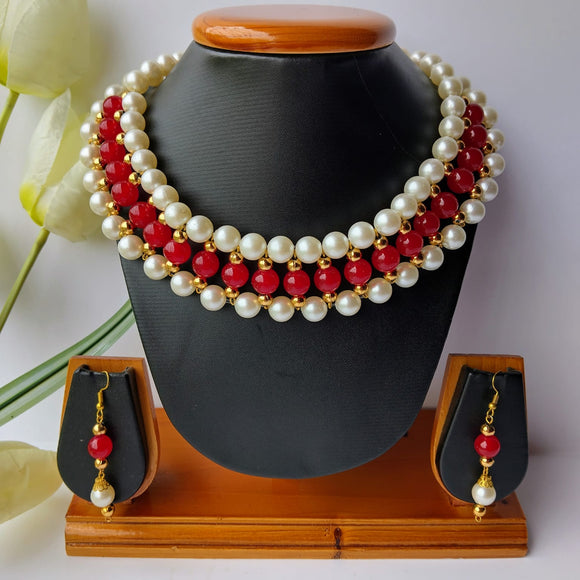 Red Glass Beads with Pearl Choker