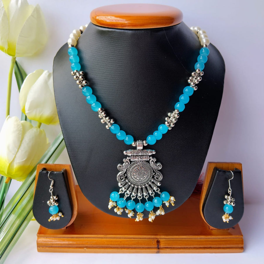 Blue Glass Beads Single Layer Necklace