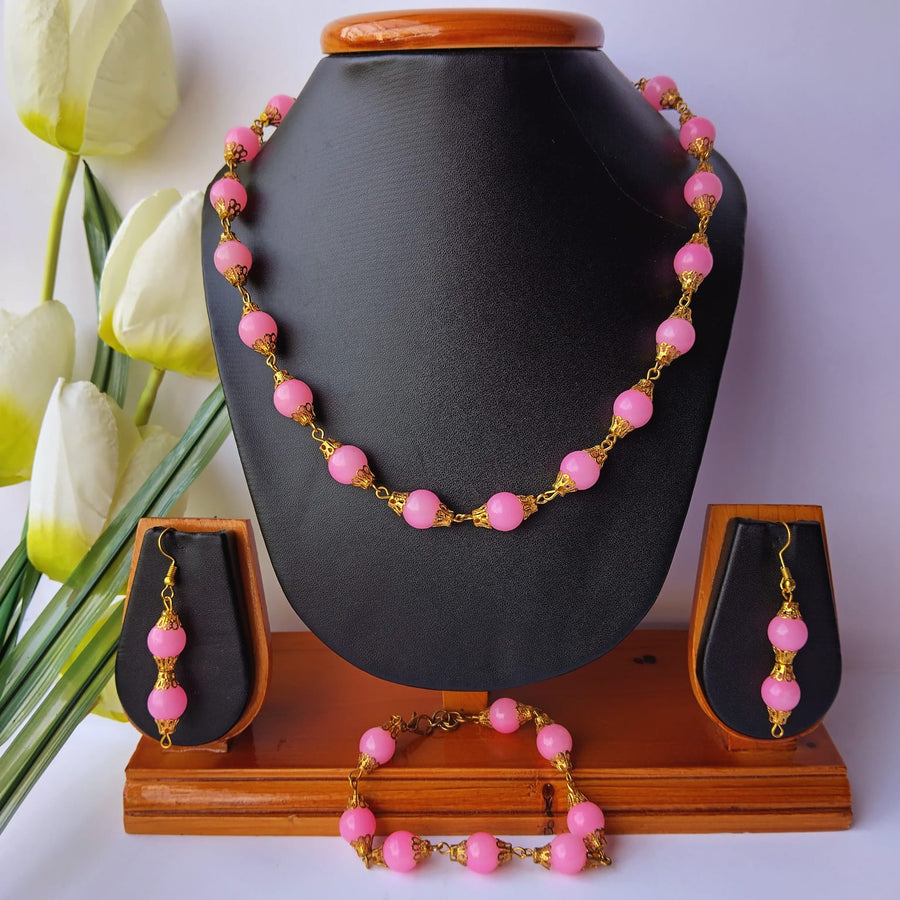 Pink Glass Beads Single Layer Necklace