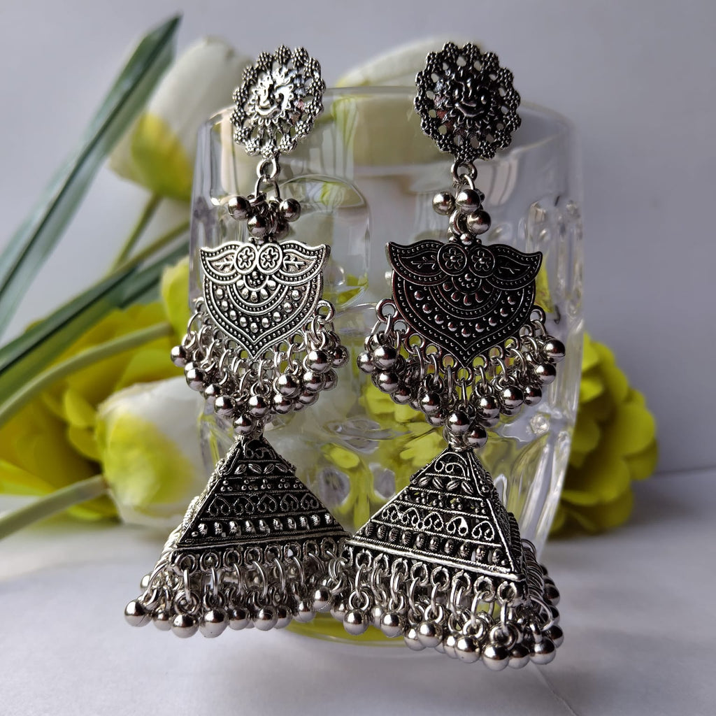 Trishakti Royal Pyramid Silver Oxidised Jhumka