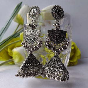 Trishakti Royal Pyramid Silver Oxidised Jhumka