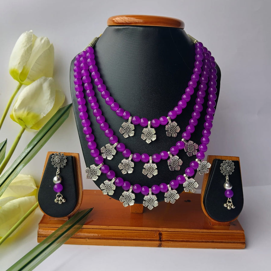Purple Glass Beads 3 Layer Necklace