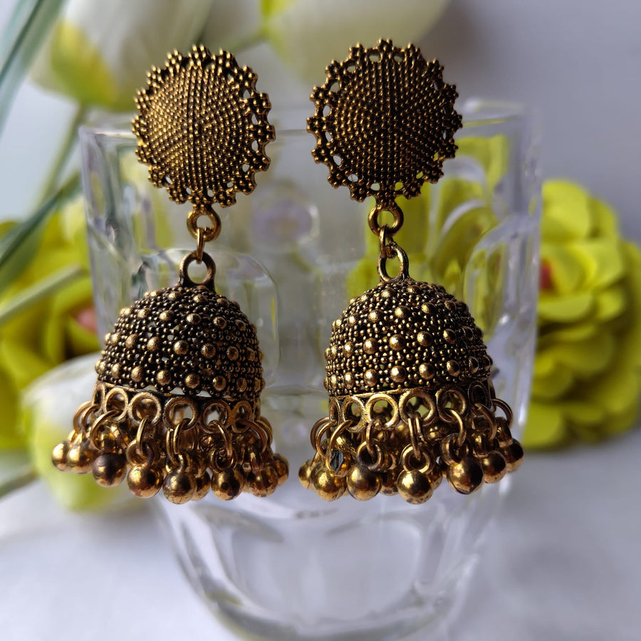 Rajsi Noor Golden Oxidised Jhumka