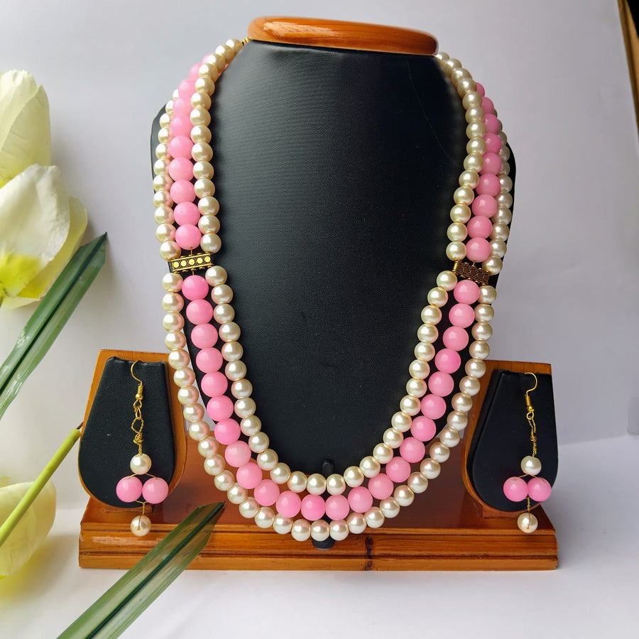 Pink Glass Beads 3 Layer Necklace