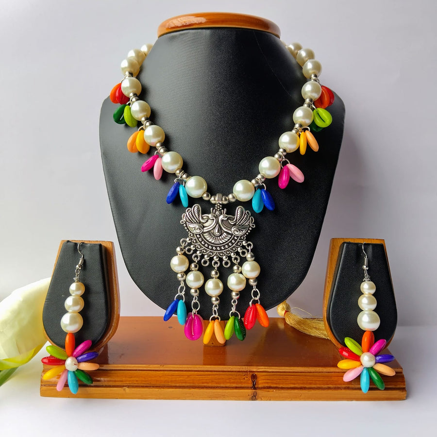 Multi Colour Cowrie Shell Pearl Bead Necklace
