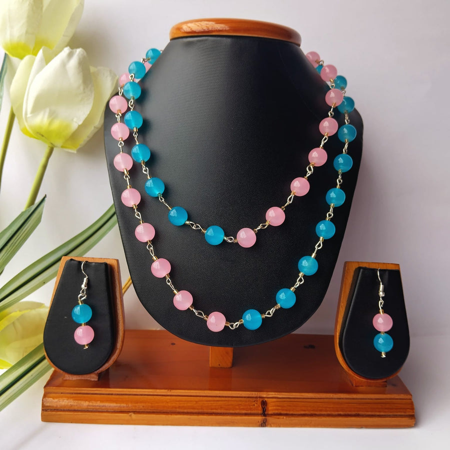 Pink Blue Glass Beads Double Layer Necklace