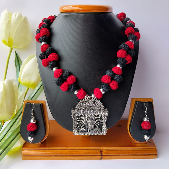 Red Black Cotton Beads Necklace with Oxidized Durga Pendant
